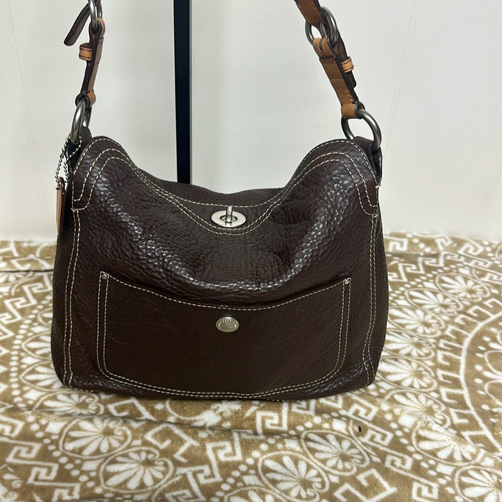 Vintage COACH Chelsea BROWN Pebbled Leather Turnlock Shoulder Bag - F12338